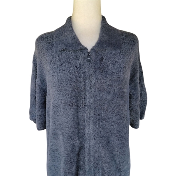 Anthropologie Standard Cloth Navy Blue Fuzzy Knit Zip Front Polo Shirt Small - Picture 2 of 8